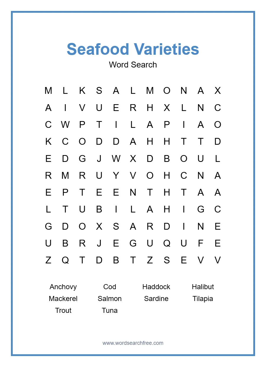 Seafood Varieties Word Search - Free printable puzzle with 10 words