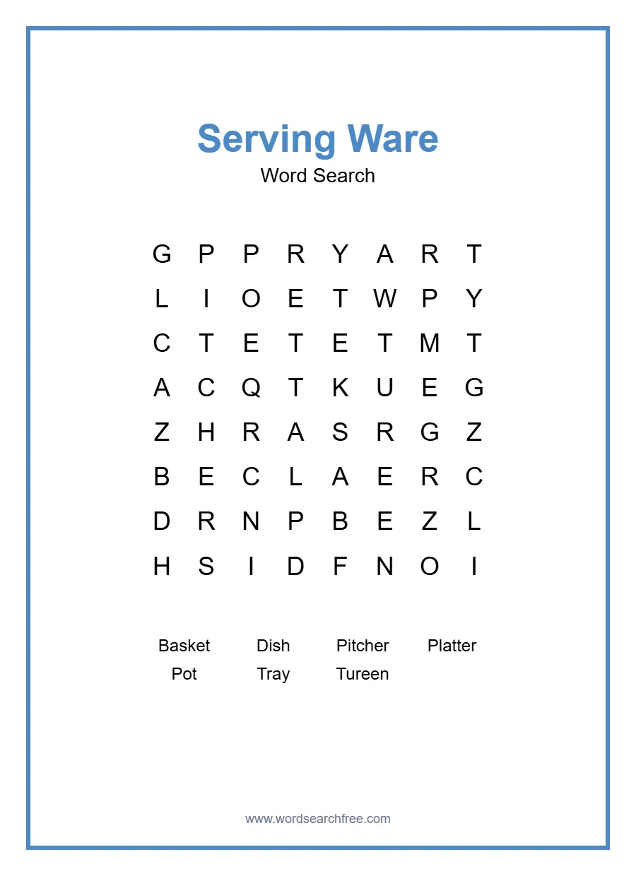 Serving Ware Word Search - Free printable puzzle with 7 words
