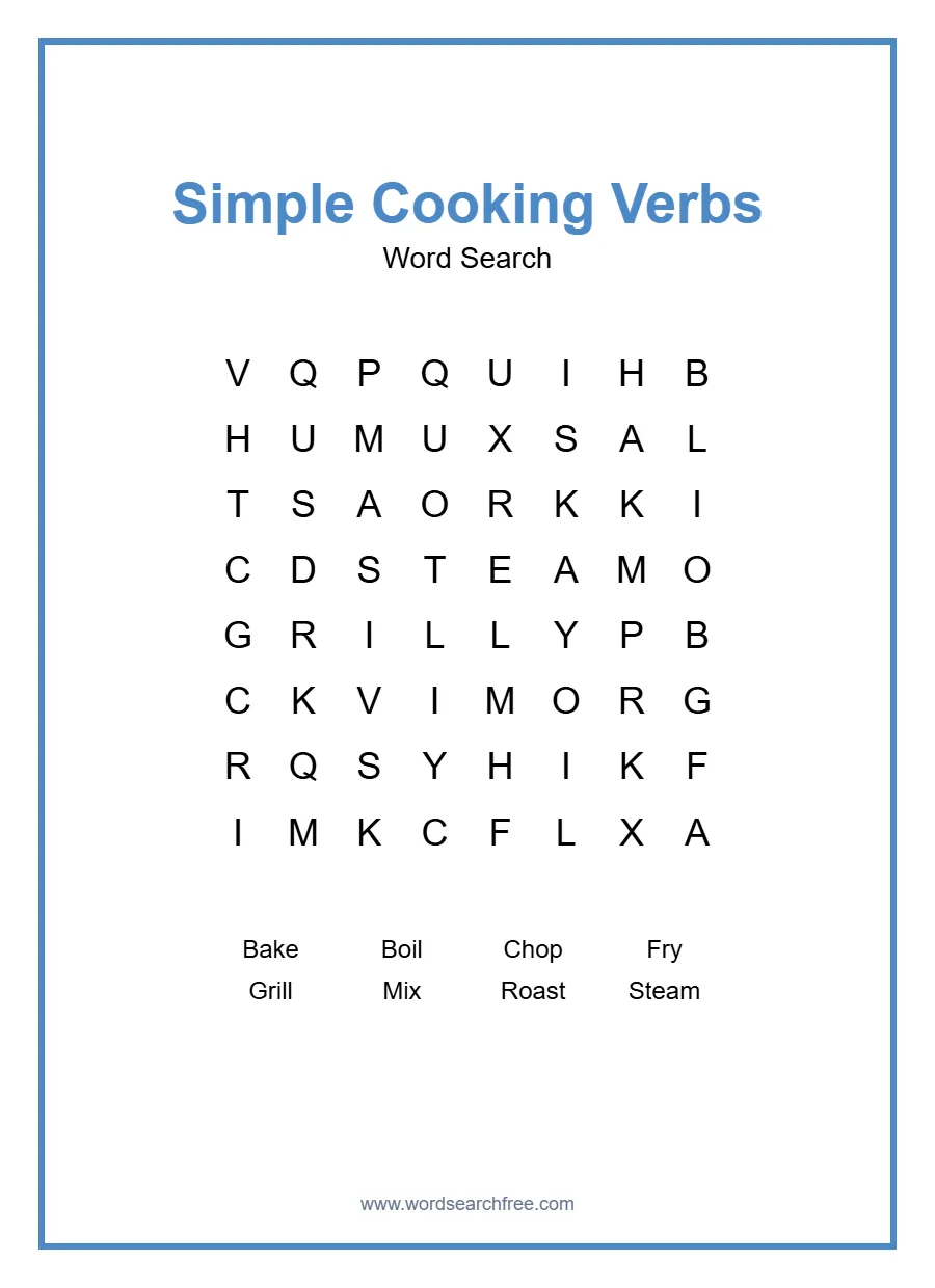 Simple Cooking Verbs Word Search - Free printable puzzle with 8 words