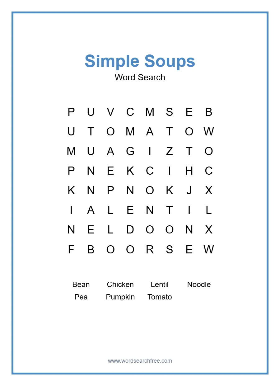 Simple Soups Word Search - Free printable puzzle with 7 words