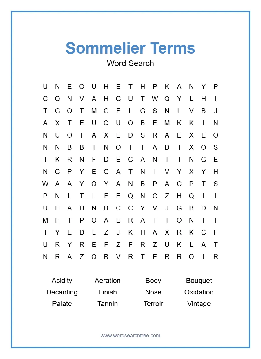 Sommelier Terms Word Search - Free printable puzzle with 12 words