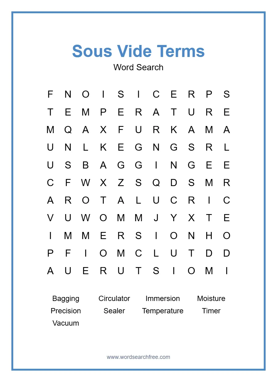 Sous Vide Terms Word Search - Free printable puzzle with 9 words