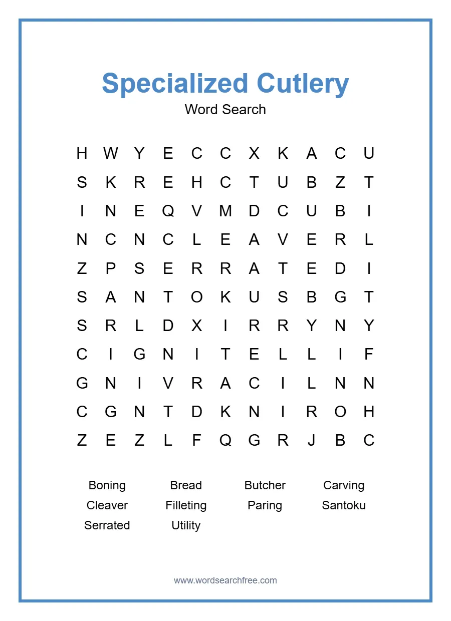Specialized Cutlery Word Search - Free printable puzzle with 10 words