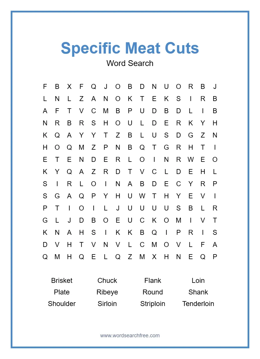 Specific Meat Cuts Word Search - Free printable puzzle with 12 words