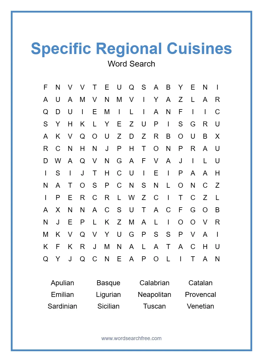 Specific Regional Cuisines Word Search - Free printable puzzle with 12 words
