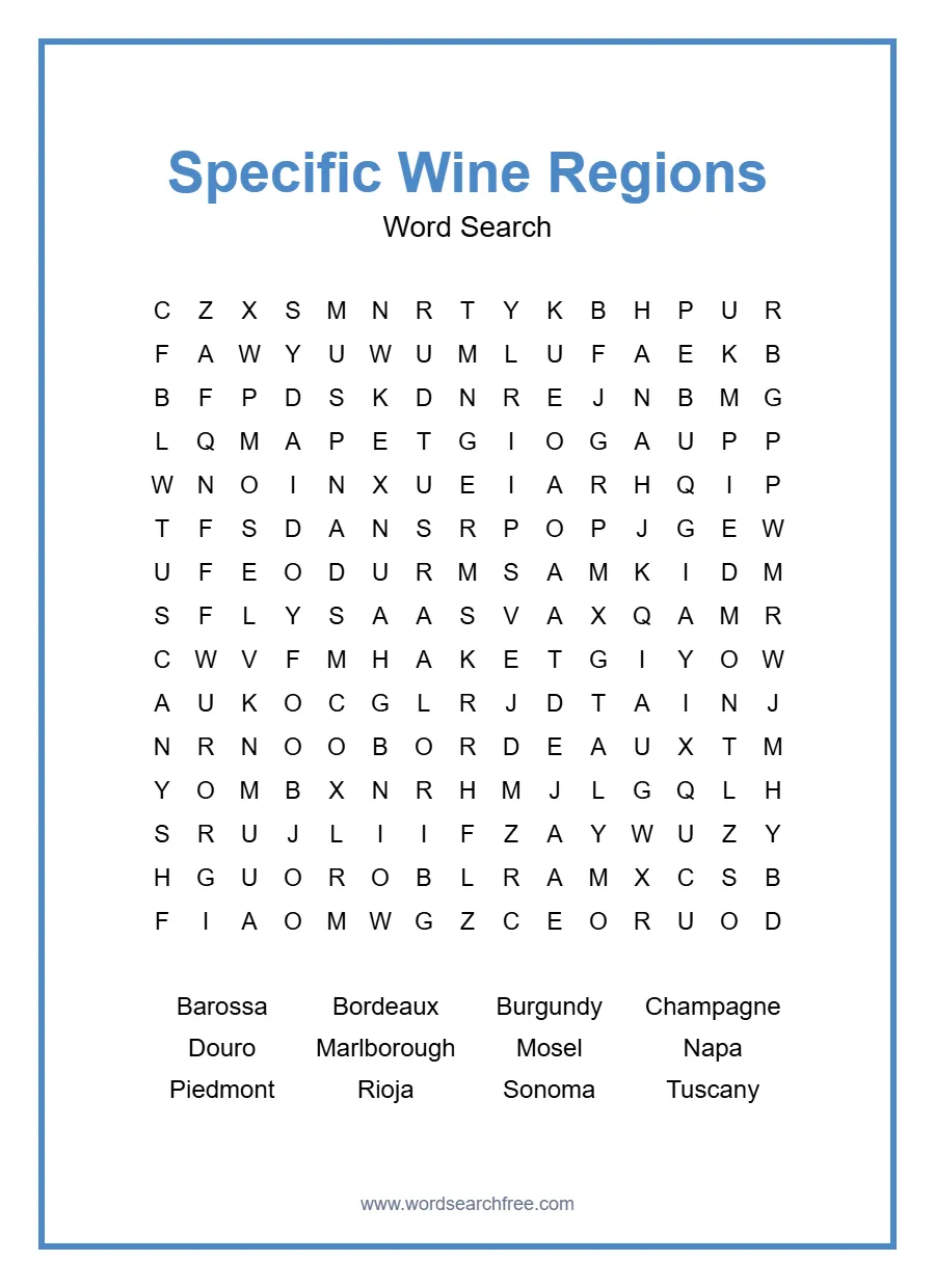 Specific Wine Regions Word Search - Free printable puzzle with 12 words