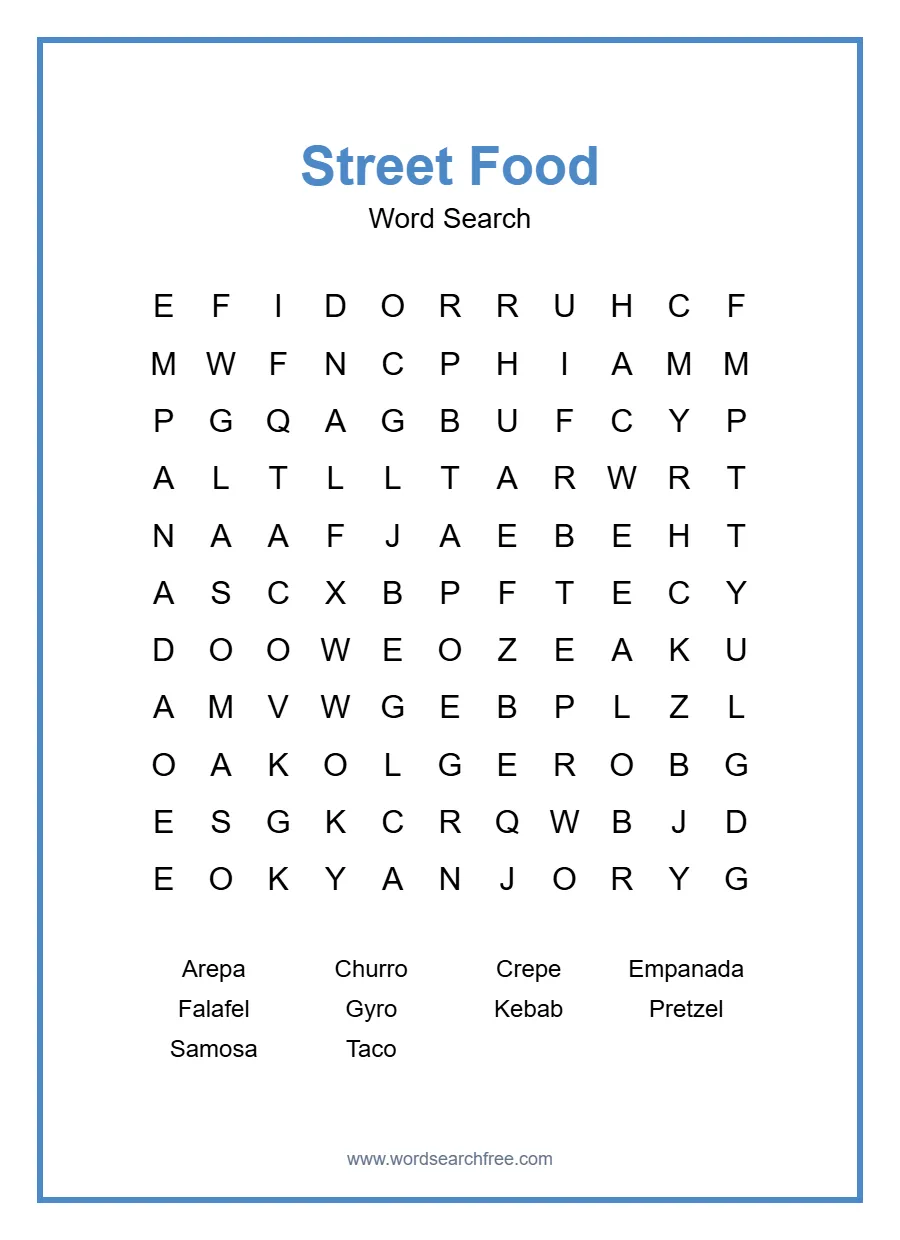 Street Food Word Search - Free printable puzzle with 10 words
