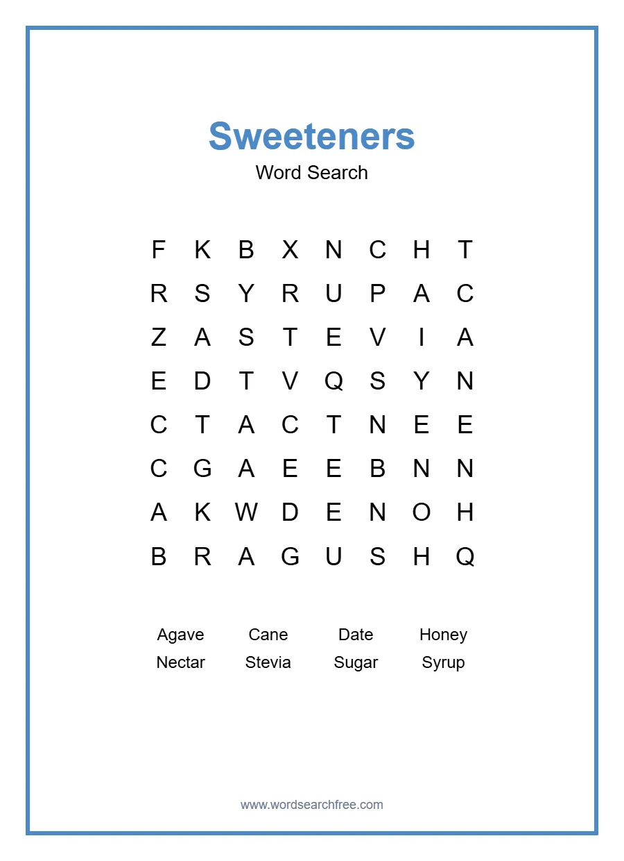 Sweeteners Word Search - Free printable puzzle with 8 words