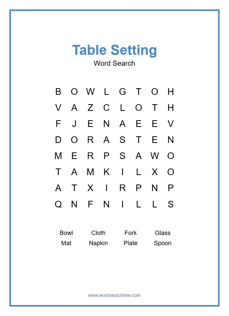 Table Setting Word Search - Free printable puzzle with 8 words