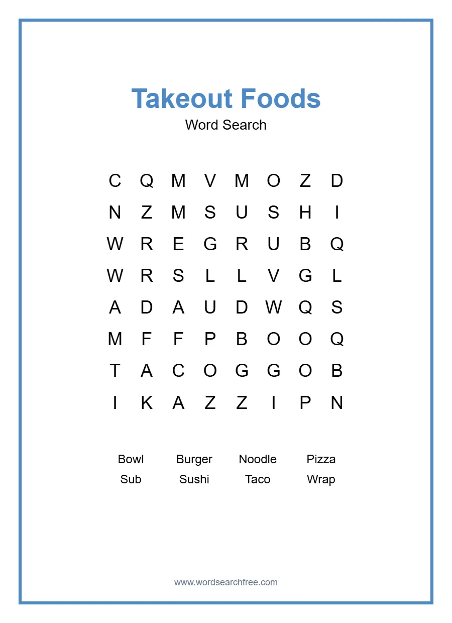 Takeout Foods Word Search - Free printable puzzle with 8 words