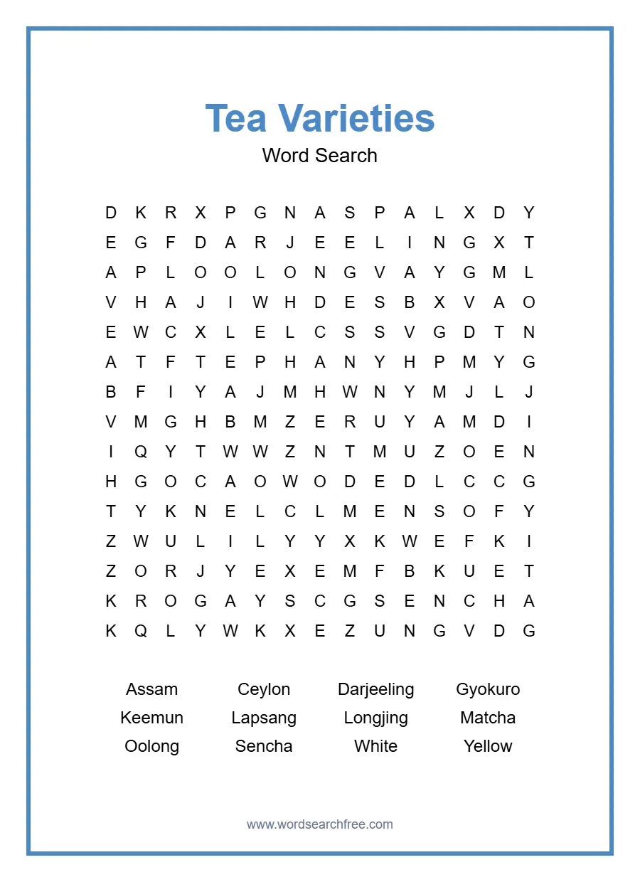 Tea Varieties Word Search - Free printable puzzle with 12 words