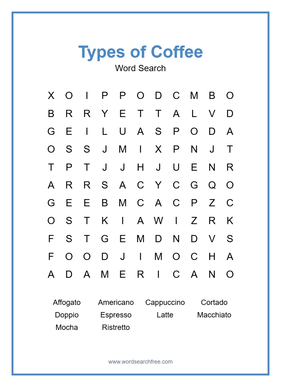 Types of Coffee Word Search - Free printable puzzle with 10 words