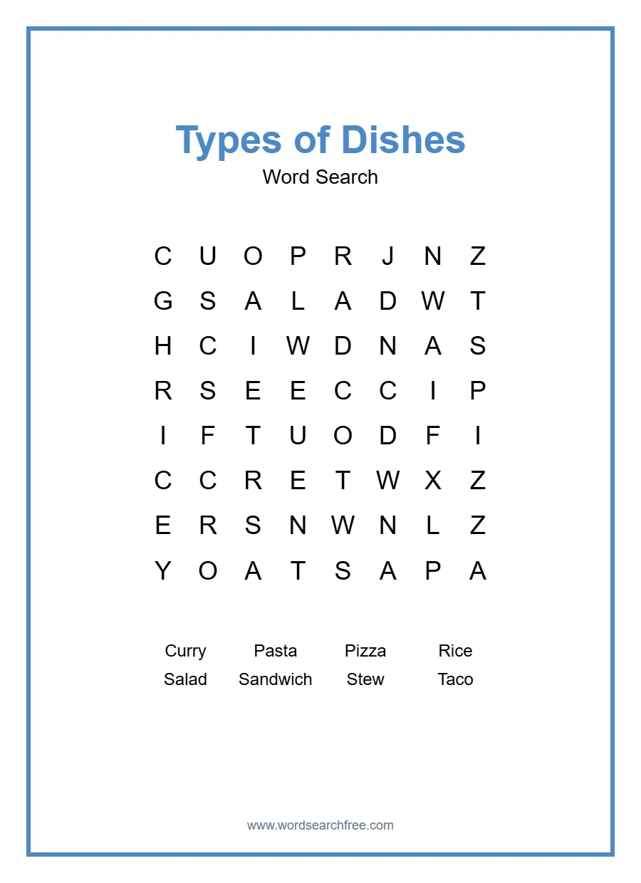 Types of Dishes Word Search - Free printable puzzle with 8 words