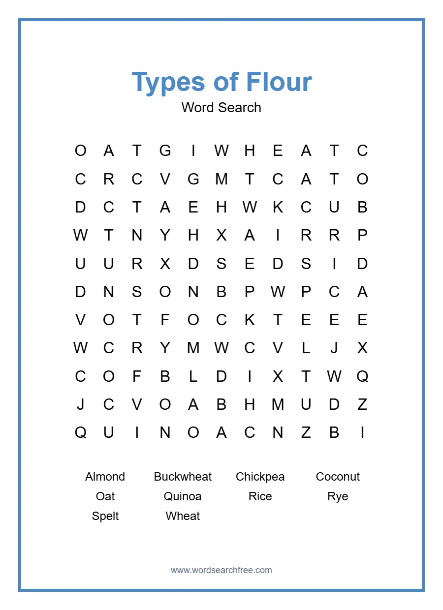 Types of Flour Word Search - Free printable puzzle with 10 words