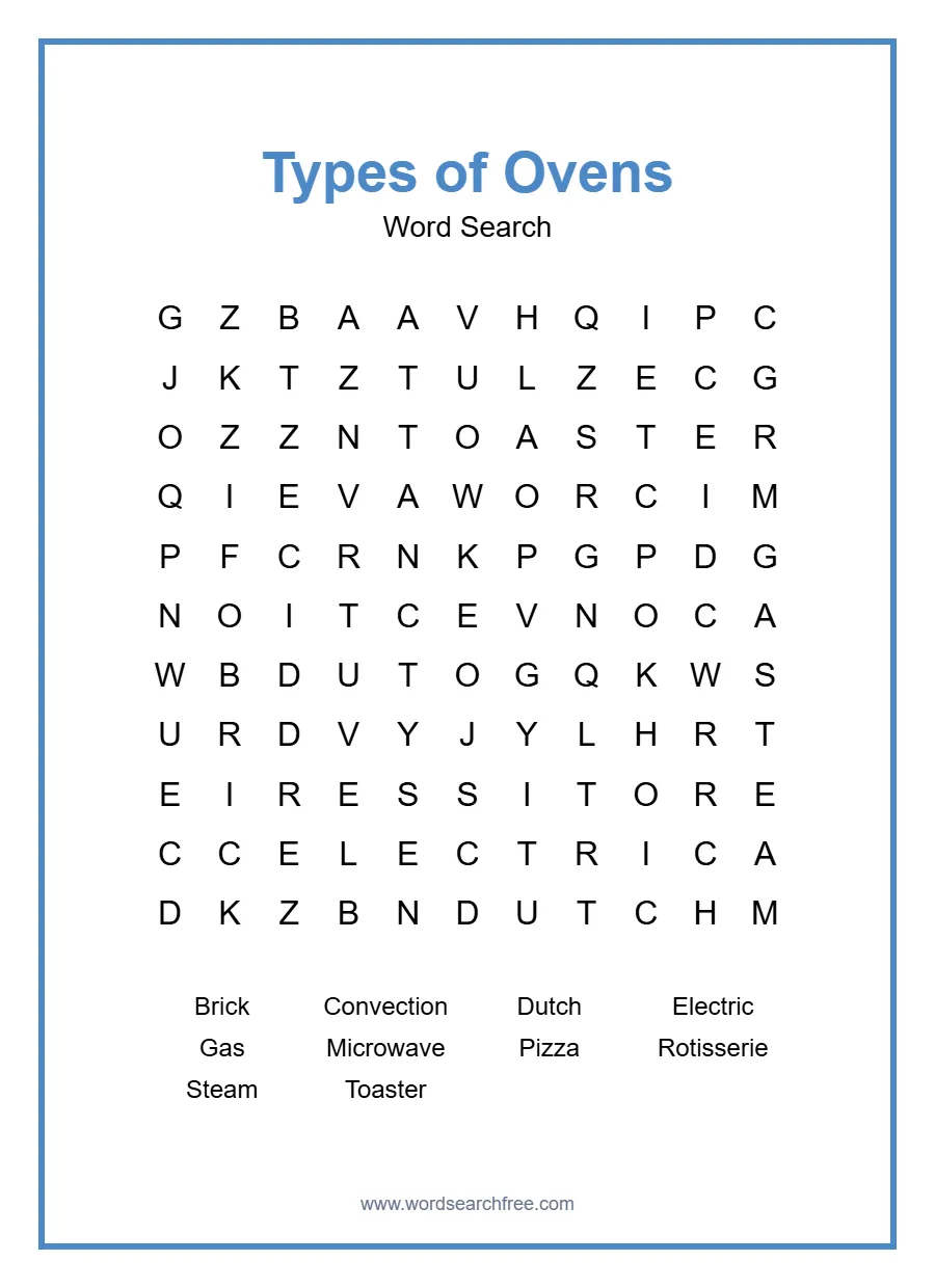 Types of Ovens Word Search - Free printable puzzle with 10 words