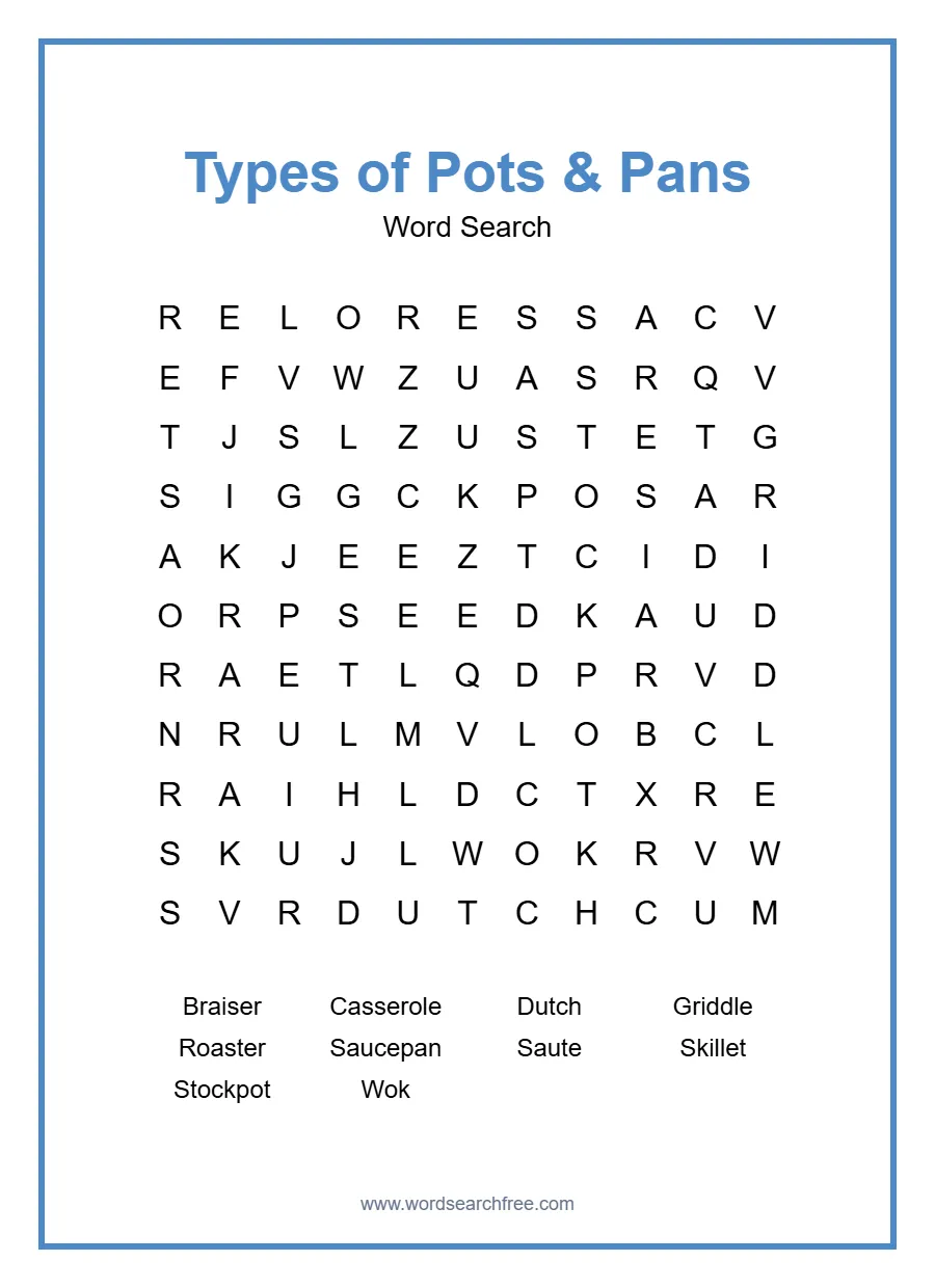 Types of Pots & Pans Word Search - Free printable puzzle with 10 words