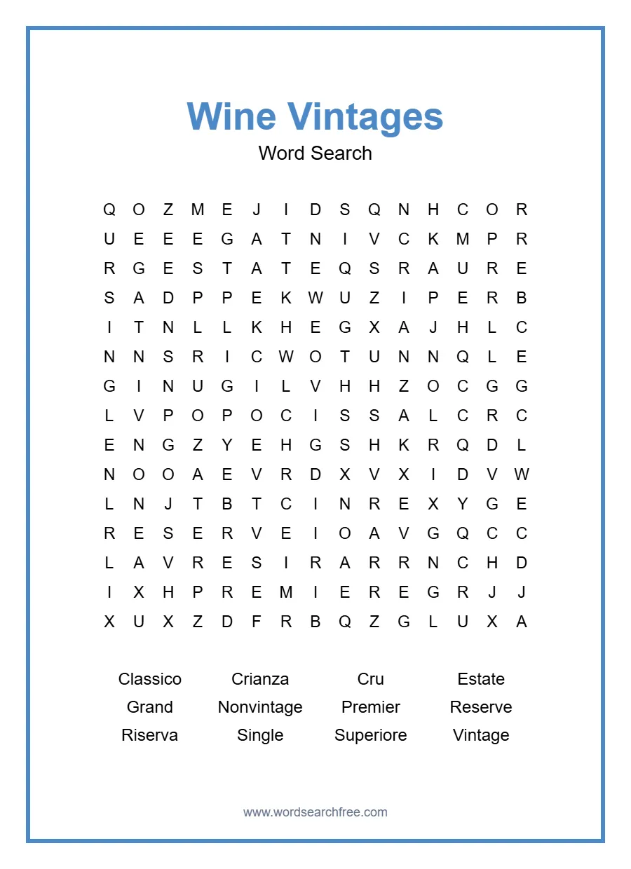 Wine Vintages Word Search - Free printable puzzle with 12 words