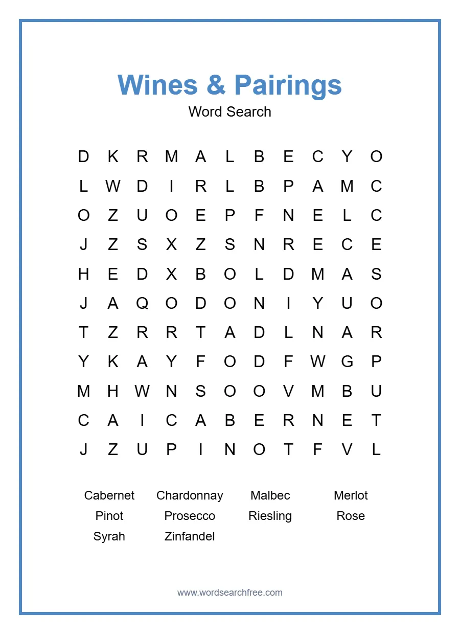 Wines & Pairings Word Search - Free printable puzzle with 10 words