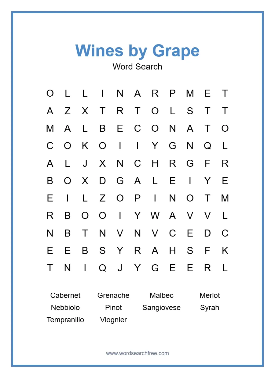 Wines by Grape Word Search - Free printable puzzle with 10 words
