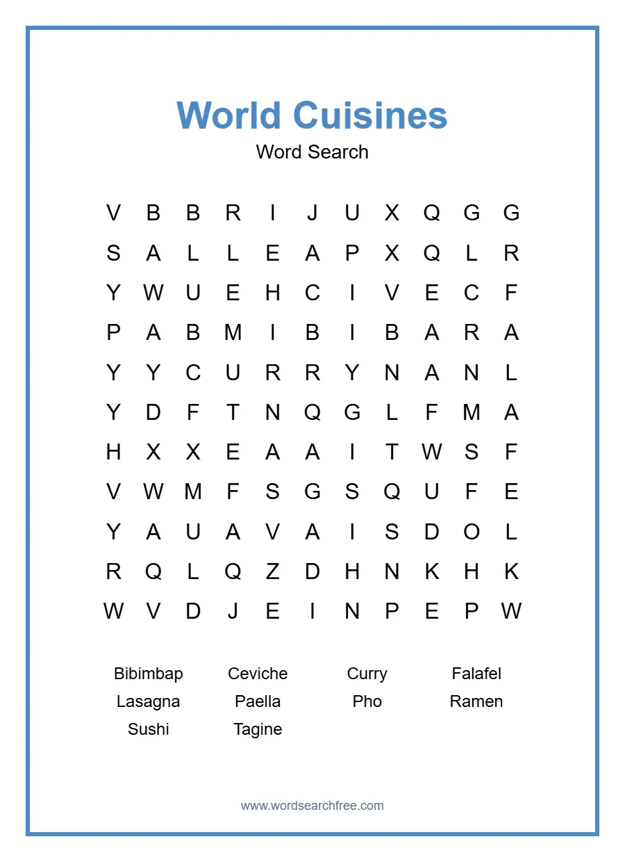 World Cuisines Word Search - Free printable puzzle with 10 words