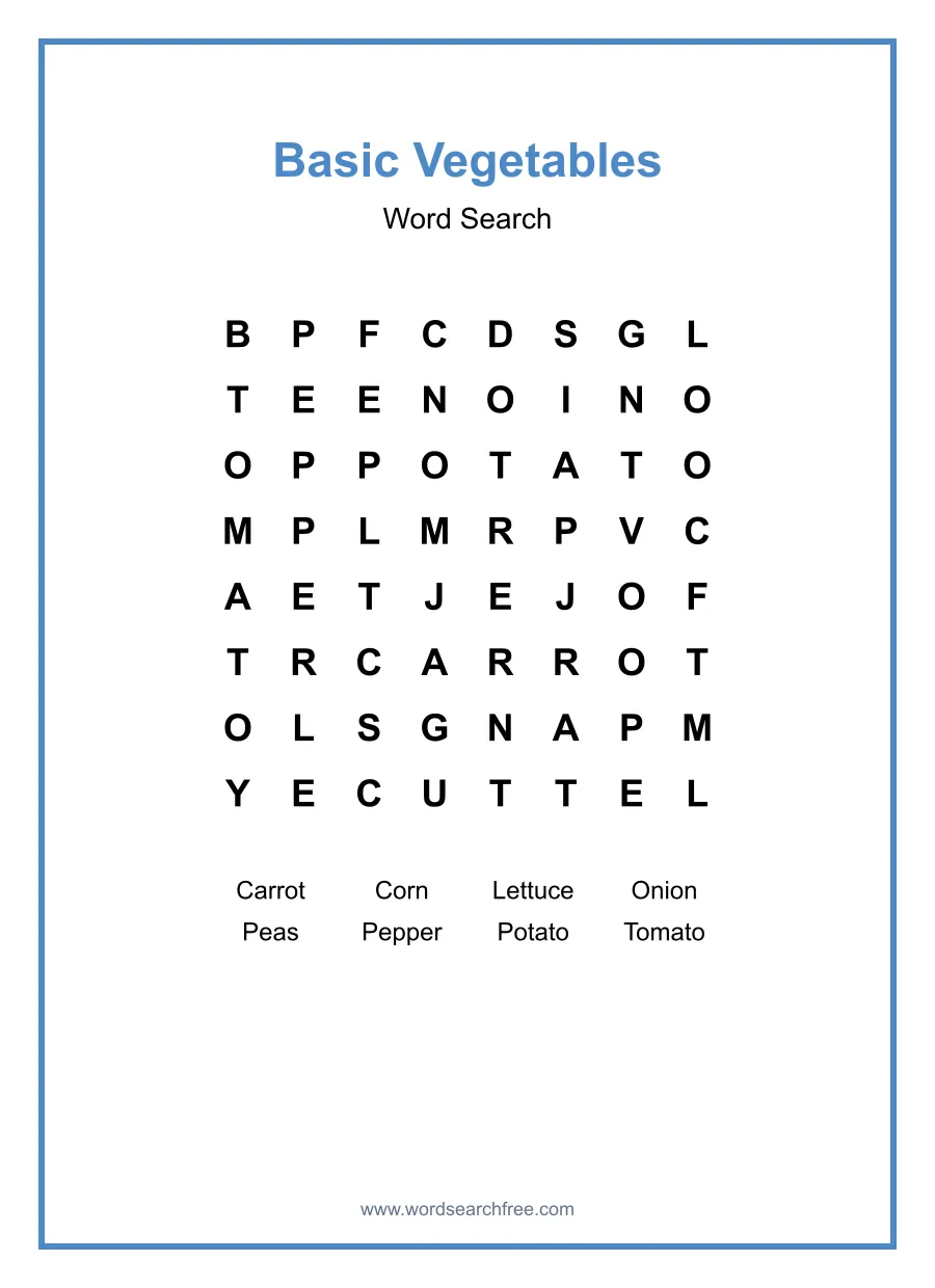 Basic Vegetables - Easy Word Search Puzzle