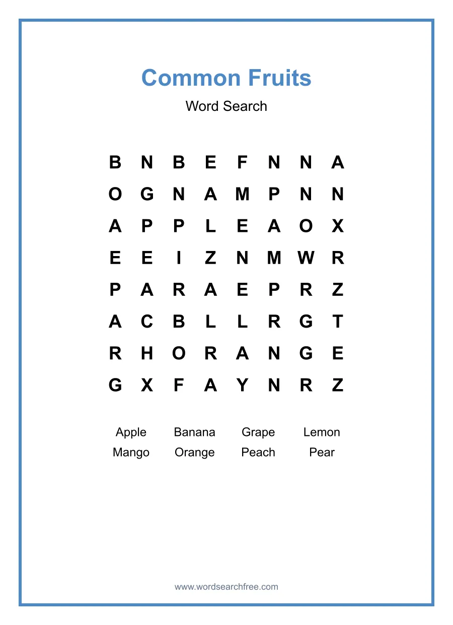 Common Fruits - Easy Word Search Puzzle