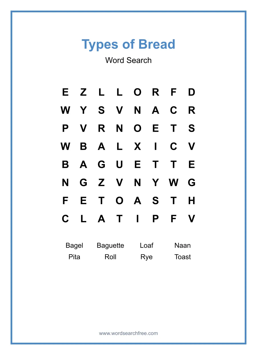 Types of Bread - Easy Word Search Puzzle