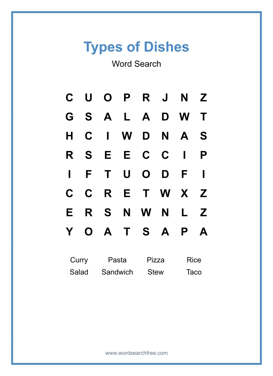 Types of Dishes - Easy Word Search Puzzle