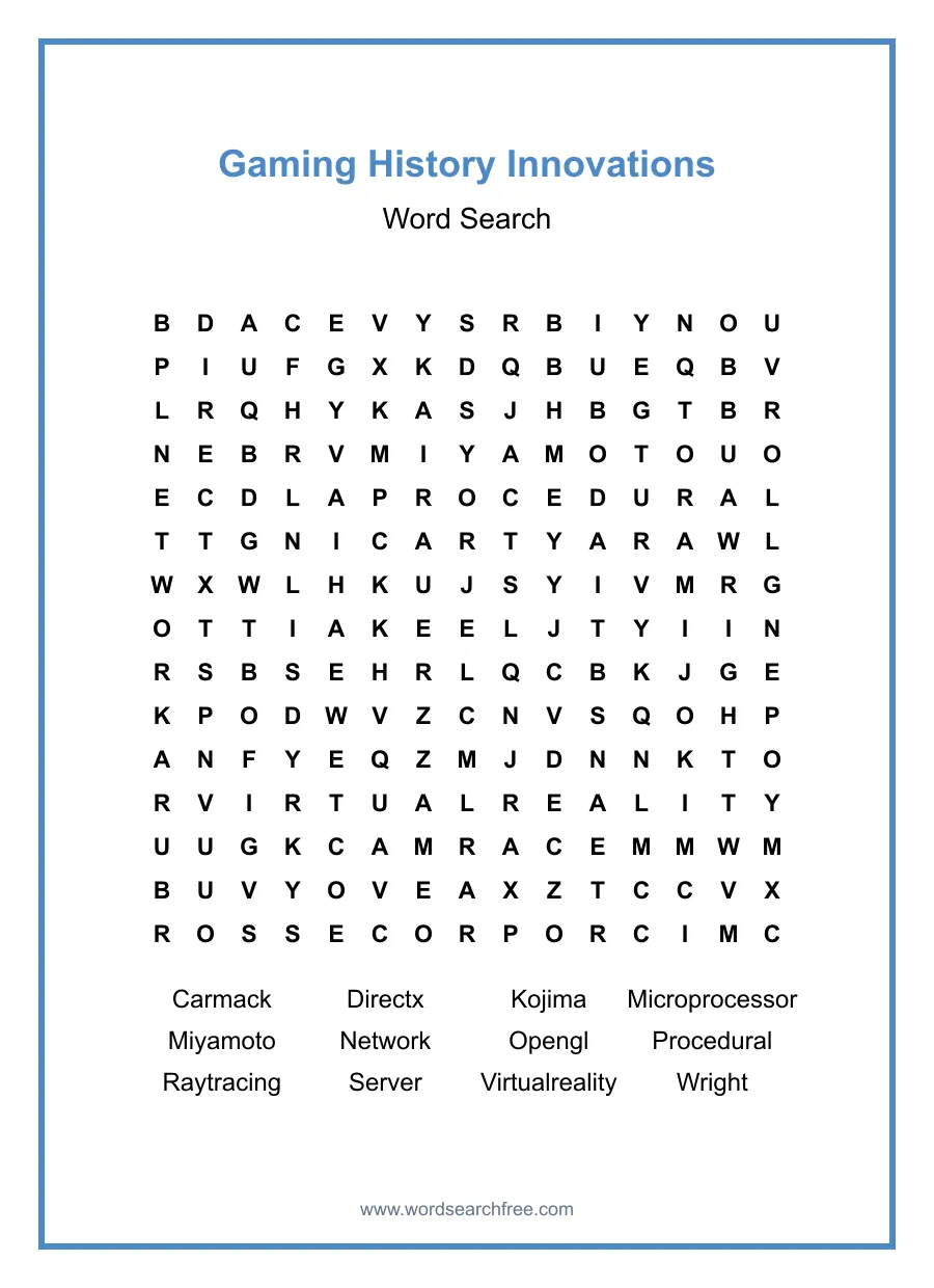 Gaming History Innovations Word Search - Free printable puzzle with 12 words