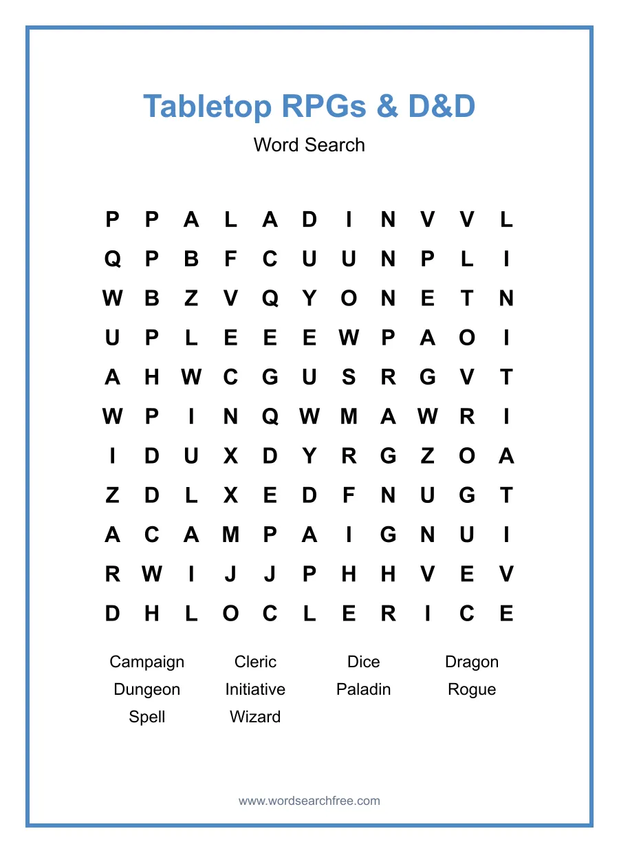 Tabletop RPGs & D&D Word Search - Free printable puzzle with 10 words