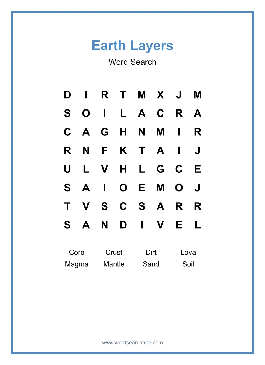 Earth Layers Word Search - Free printable puzzle with 8 words