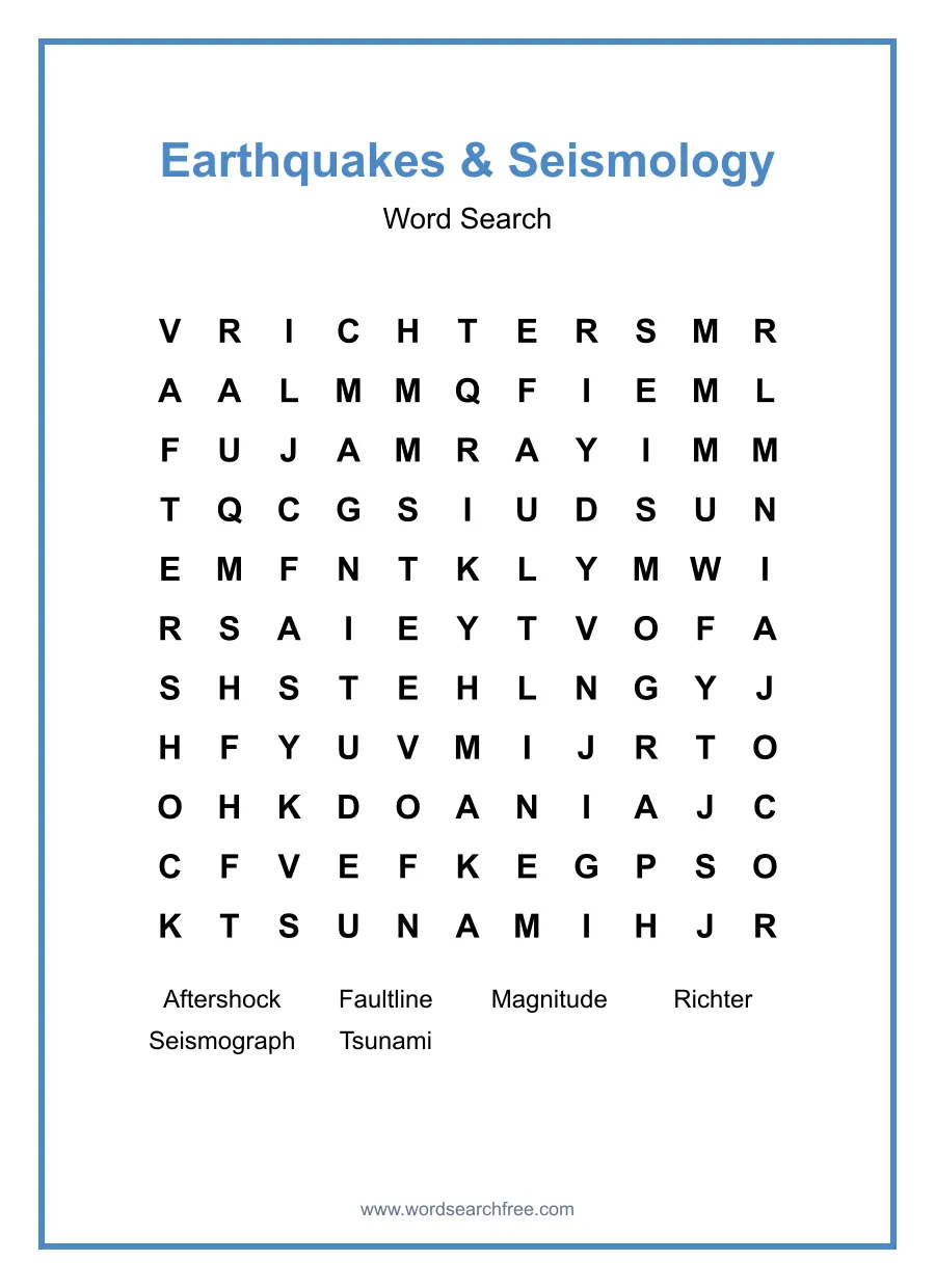 Earthquakes & Seismology Word Search - Free printable puzzle with 6 words