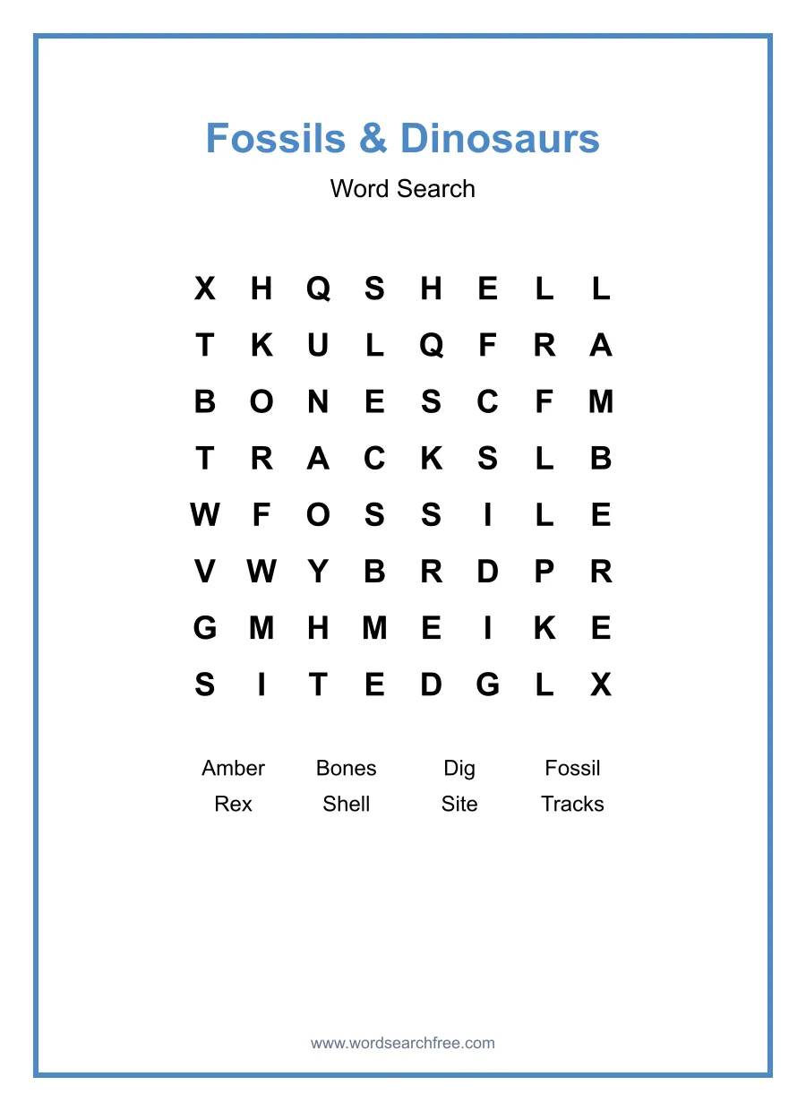 Fossils & Dinosaurs Word Search - Free printable puzzle with 8 words
