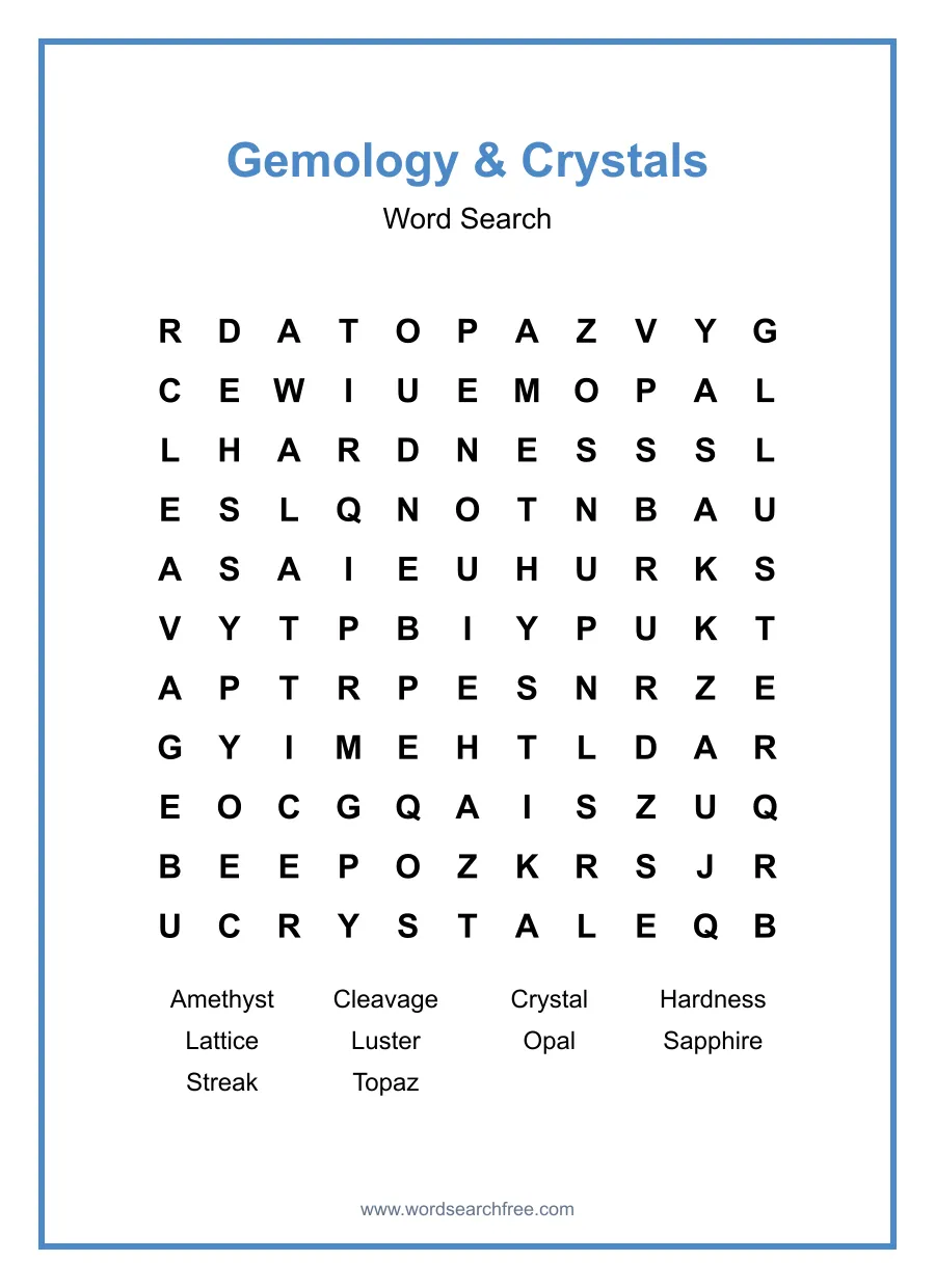 Gemology & Crystals Word Search - Free printable puzzle with 10 words