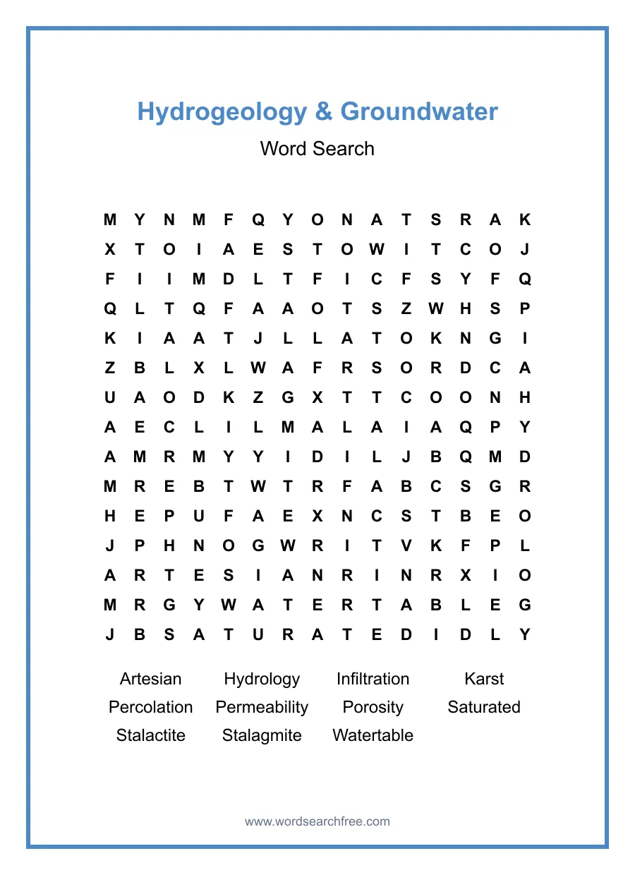Hydrogeology & Groundwater Word Search - Free printable puzzle with 11 words