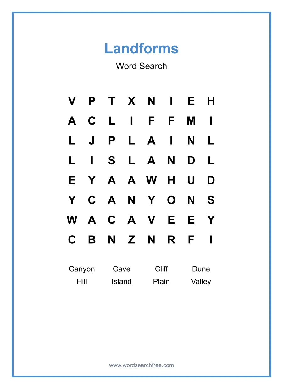 Landforms Word Search - Free printable puzzle with 8 words