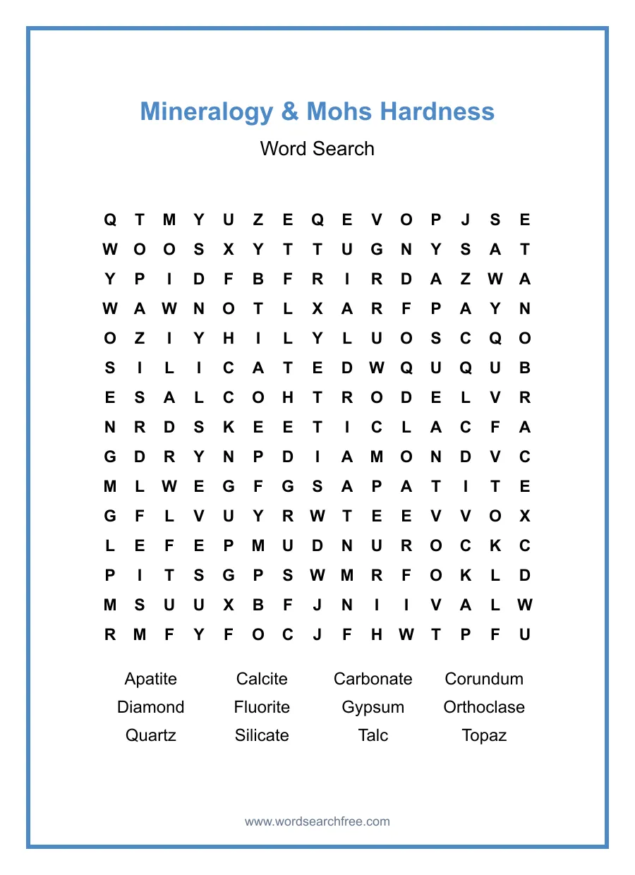 Mineralogy & Mohs Hardness Word Search - Free printable puzzle with 12 words