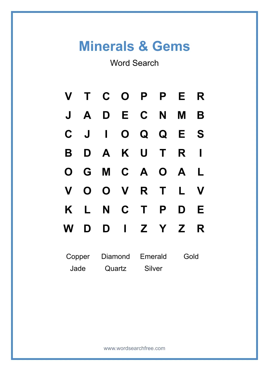 Minerals & Gems Word Search - Free printable puzzle with 7 words