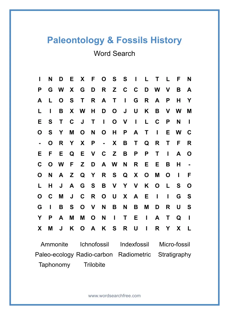Paleontology & Fossils History Word Search - Free printable puzzle with 10 words