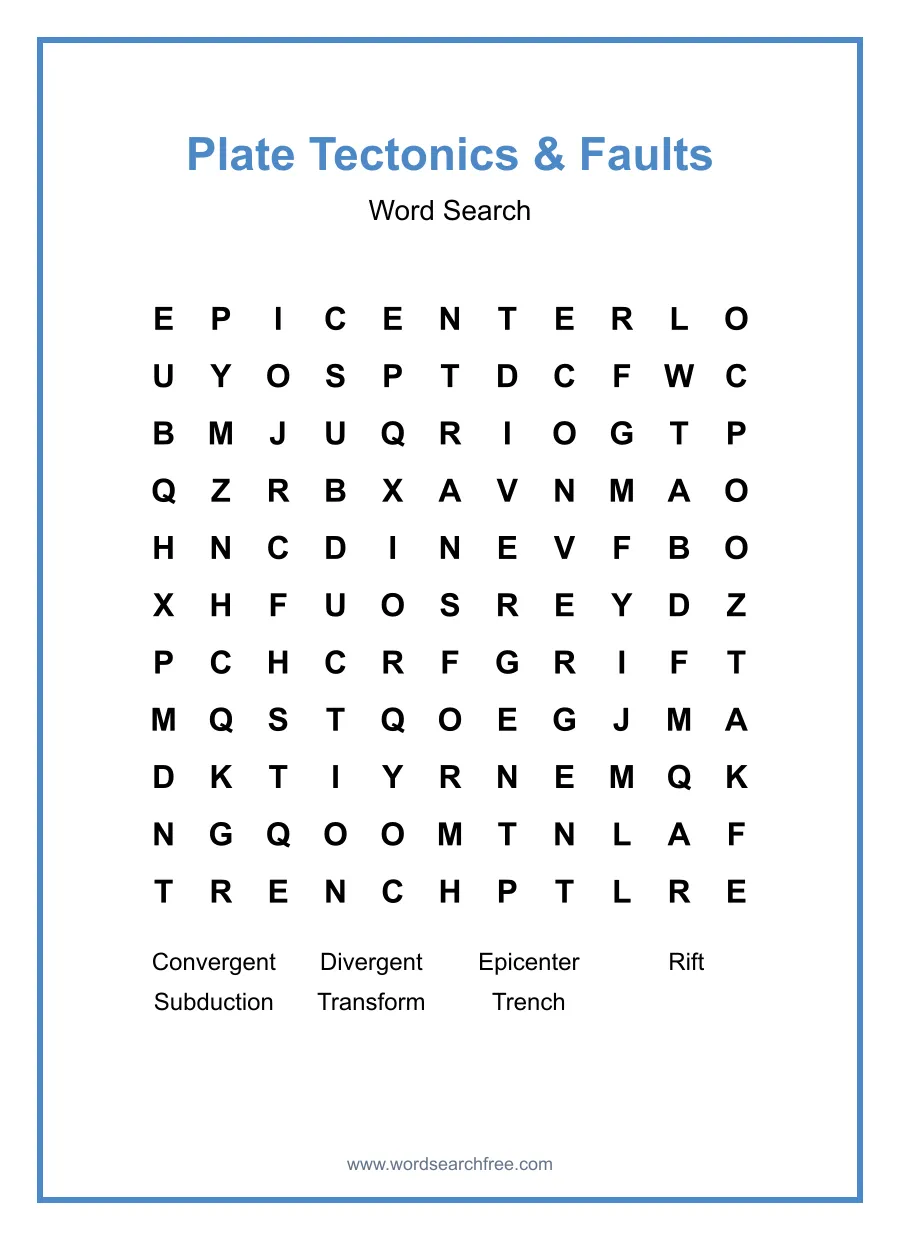 Plate Tectonics & Faults Word Search - Free printable puzzle with 7 words