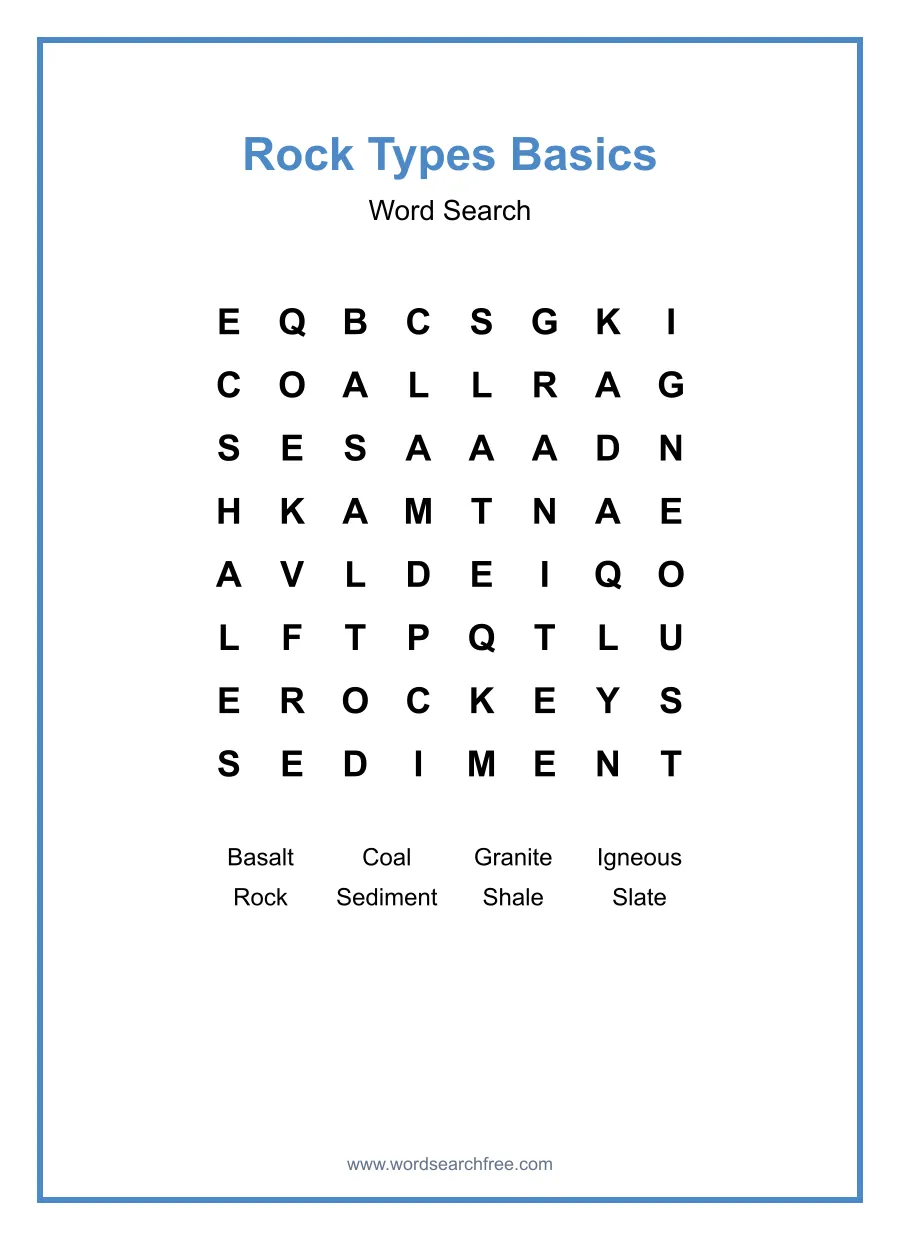 Rock Types Basics Word Search - Free printable puzzle with 8 words