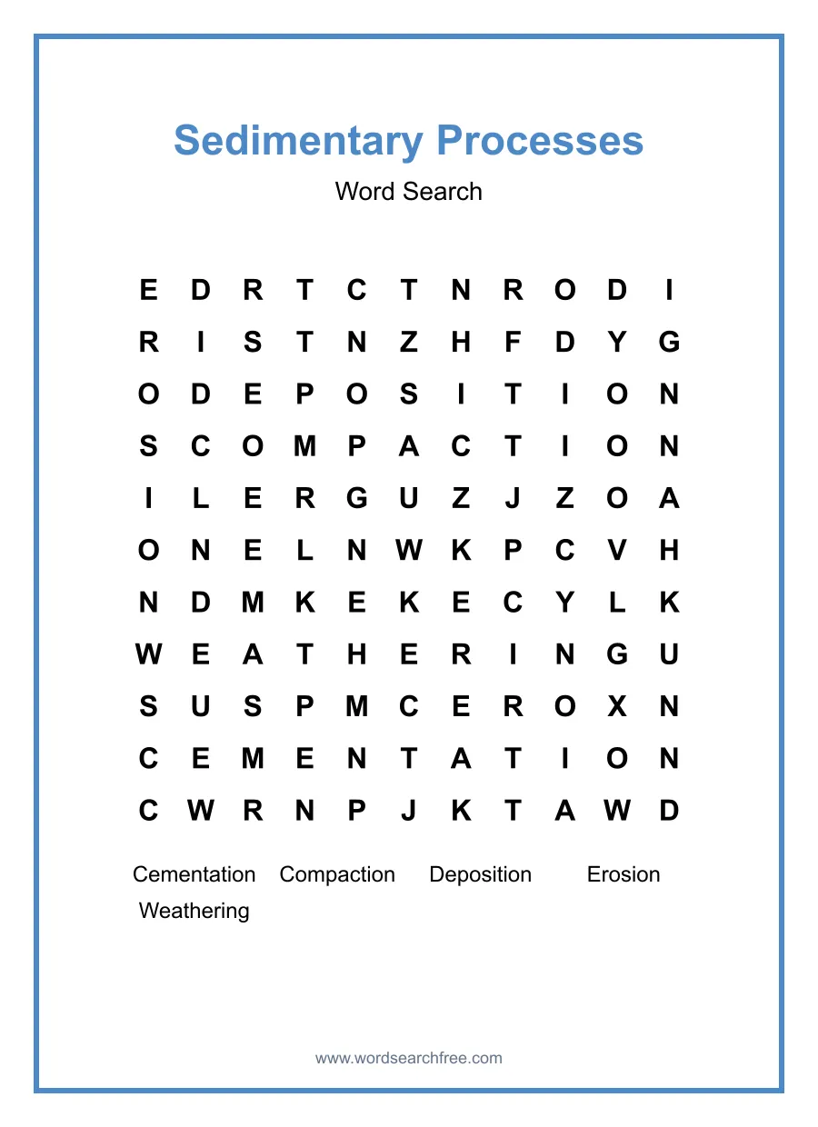 Sedimentary Processes Word Search - Free printable puzzle with 5 words