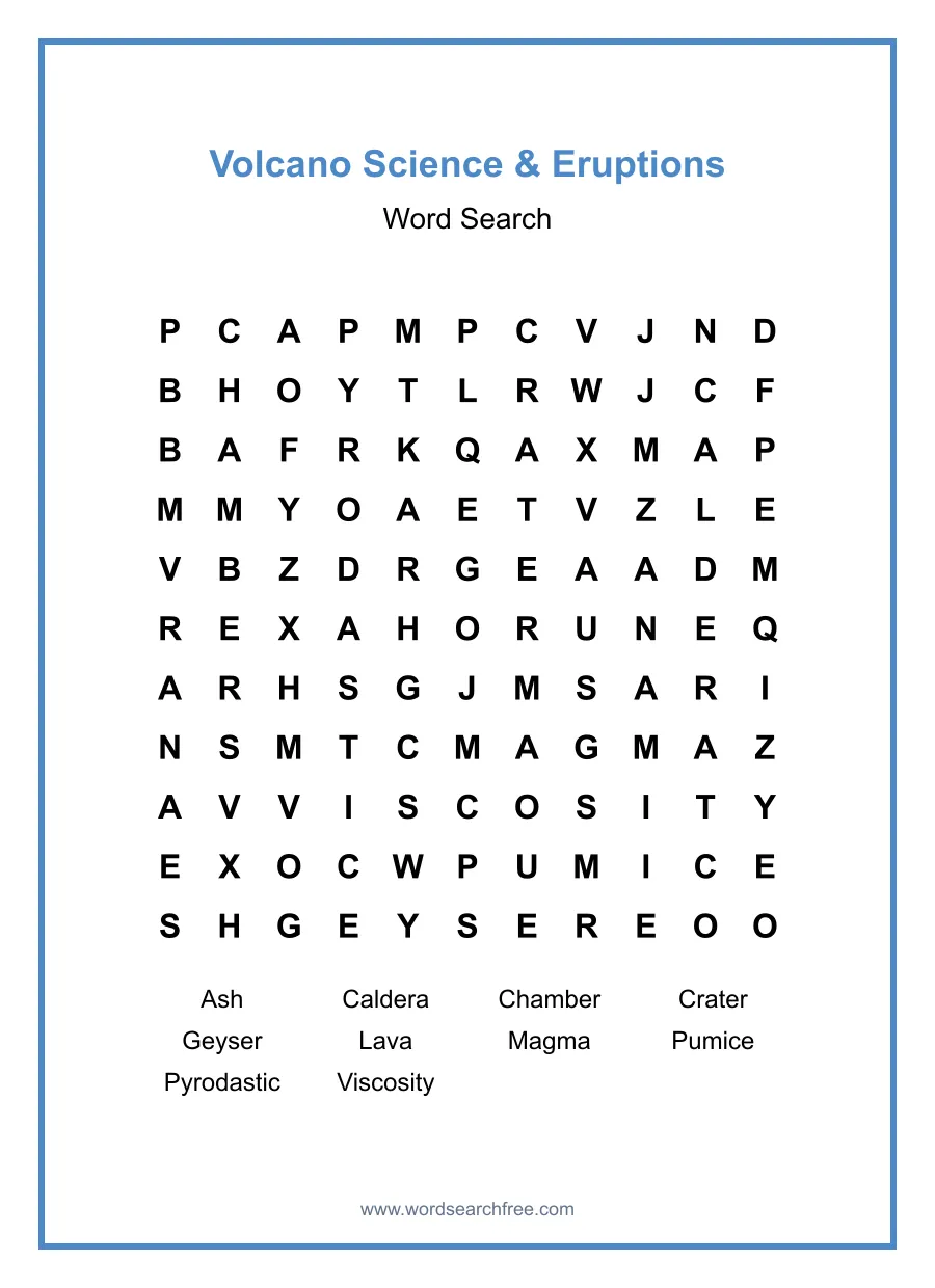 Volcano Science & Eruptions Word Search - Free printable puzzle with 10 words