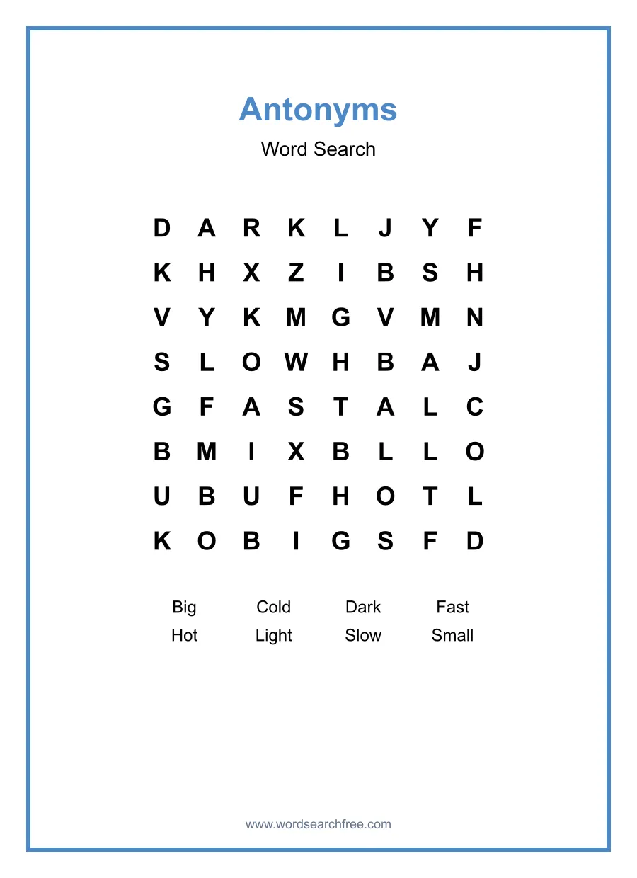 Antonyms Word Search - Free printable puzzle with 8 words