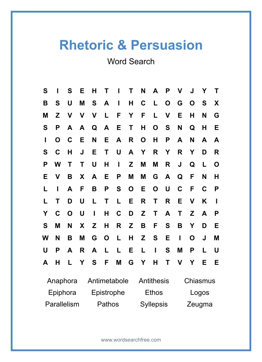 Rhetoric & Persuasion Word Search - Free printable puzzle with 12 words
