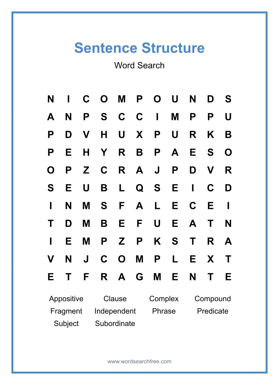 Sentence Structure Word Search - Free printable puzzle with 10 words