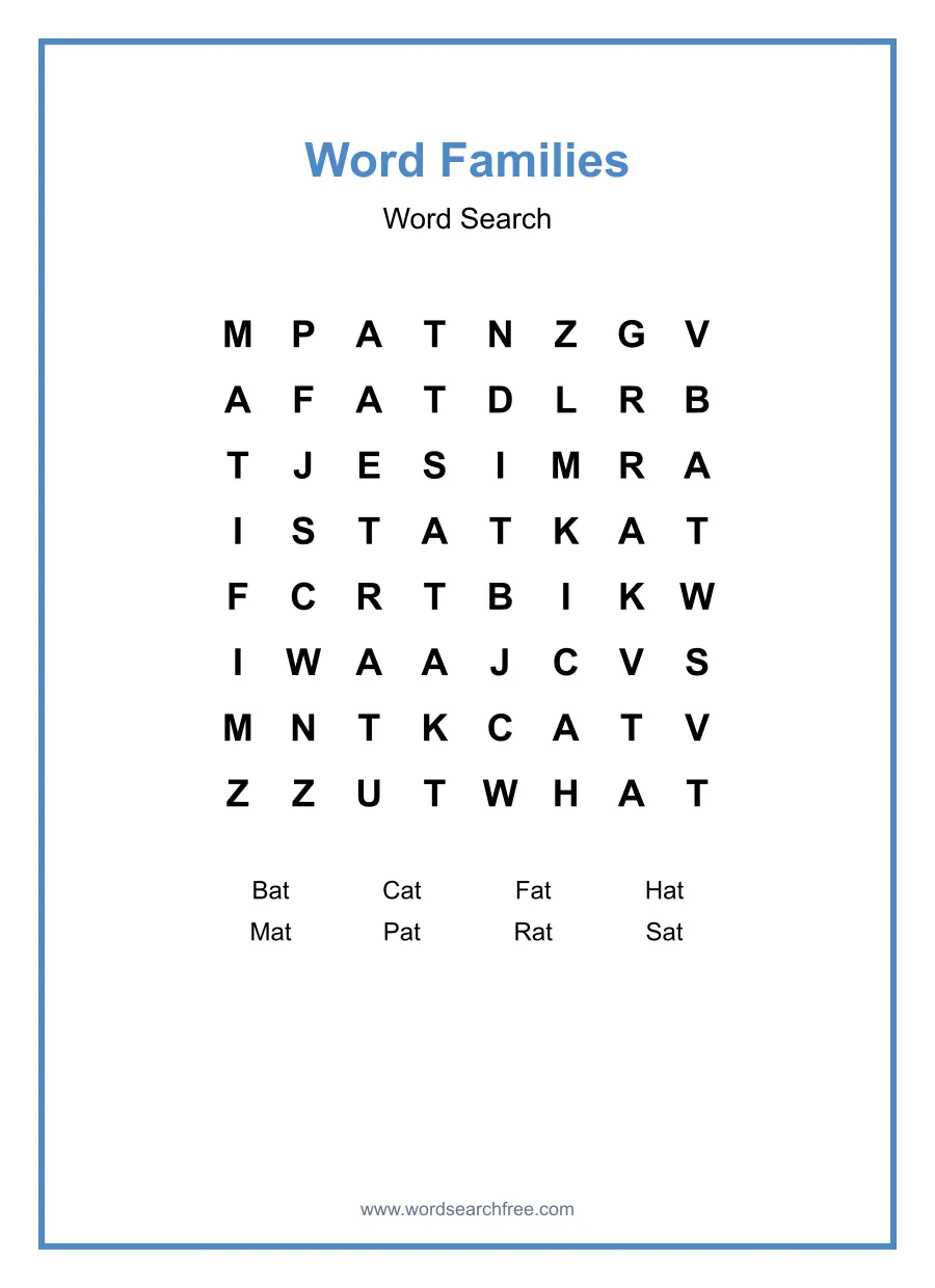 Word Families Word Search - Free printable puzzle with 8 words