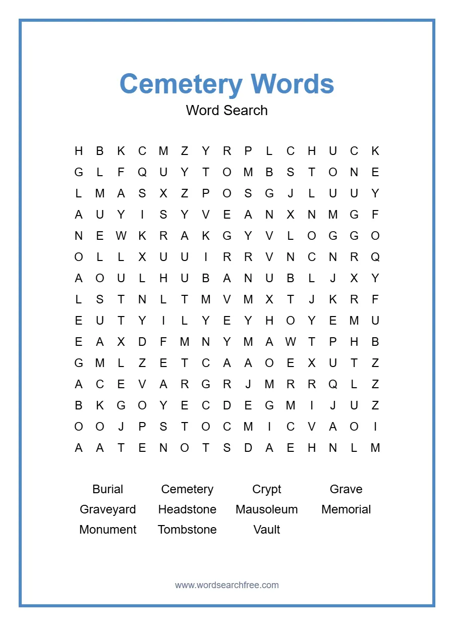 Cemetery Words - Hard Word Search Puzzle