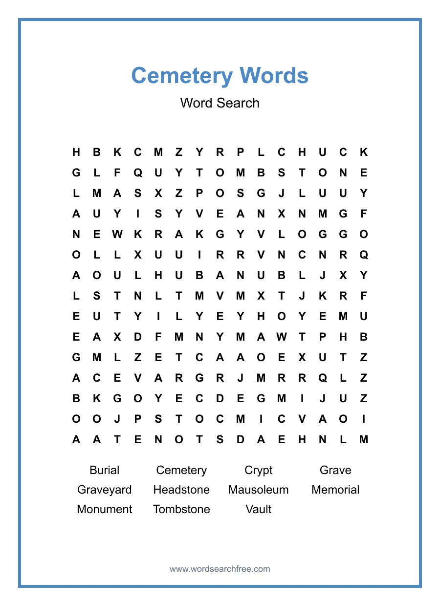 Cemetery Words - Hard Word Search Puzzle