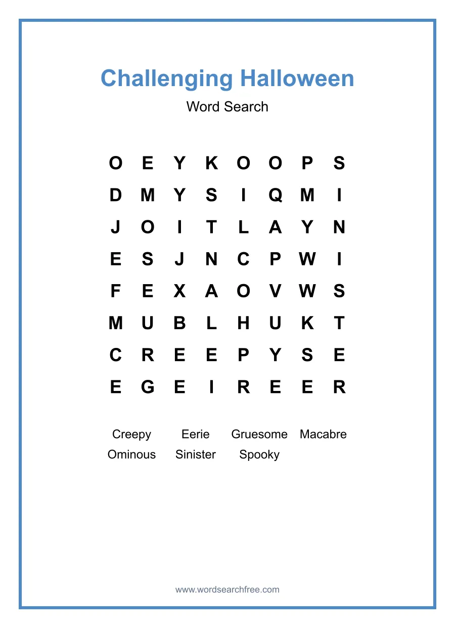 Challenging Halloween Word Search - Free printable puzzle with 7 words